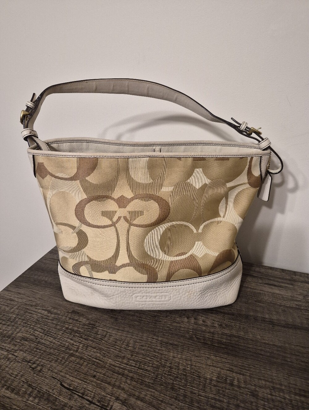 Coach Beige and White Signature Canvas Shoulder Bag